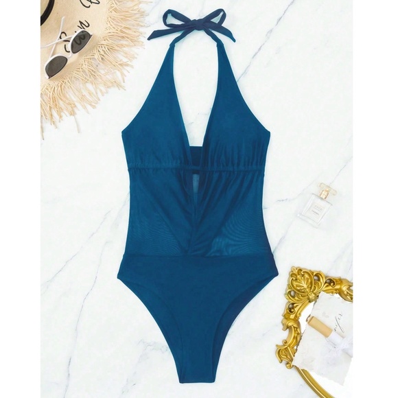 Teal Cut out Semi Sheer Halter Neck Monokini One Piece Swimsuit - Picture 5 of 8